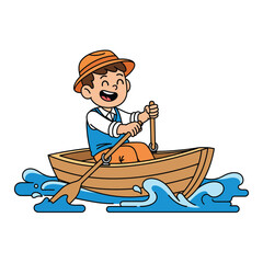 A happy cartoon boy in a fedora hat joyfully rowing a small wooden boat on blue waves.