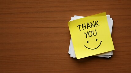 A yellow sticky note with a hand-drawn smiley face and the words 'thank you' rests on a stack of white papers on a wooden surface.