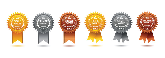 A collection of colorful award ribbons displaying various medal styles and achievements for competitions and recognitions
