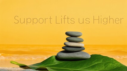 Stacked Smooth River Stones Balancing on a Green Leaf