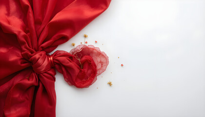 Elegant Red Silk Fabric Tied in a Knot with Delicate Floral Garnish on Clean White Background,  happy Chinese new year , Korean decoration Red, Valentine's Day