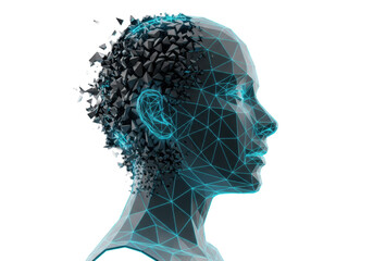 abstract 3d render of a dark gray low-poly human profile dissolving into geometric shards. vibrant electric cyan-blue neon wireframe lines glow against a deep black background. crisis of digital
