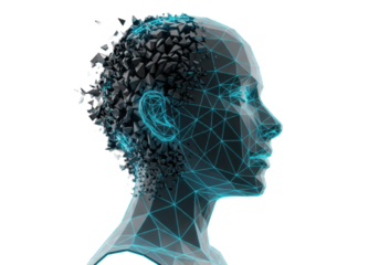 abstract 3d render of a dark gray low-poly human profile dissolving into geometric shards. vibrant electric cyan-blue neon wireframe lines glow against a deep black background. crisis of digital