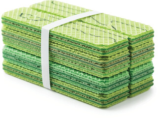 A neatly stacked bundle of vibrant green rectangular wafer biscuits with a distinct waffle texture held together by a simple white band.