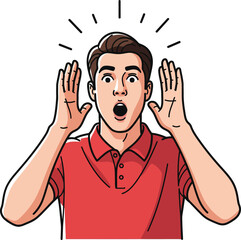 A surprised young man in a red polo shirt with his hands raised in a shocked expression.