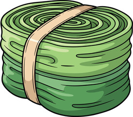 A thick cartoonstyle roll of green cash banknotes tightly bound by a single paper wrapper.