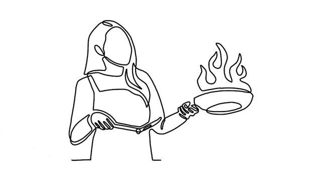 Continuous line animation of woman cooking food