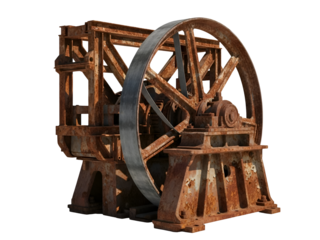Old Rusty Industrial Machine with Large Flywheel and Heavy Metal Frame Isolated on Transparent Ba...
