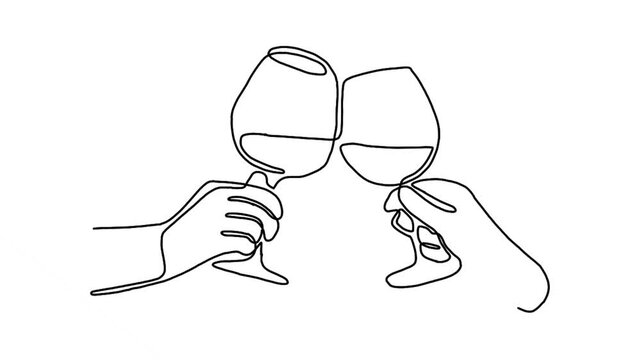 Continuous line animation of two glasses of wine in hands