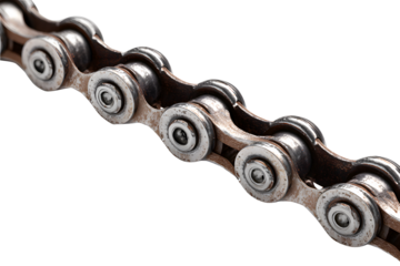 Close-up old motorcycle chain rusty isolated on cut out PNG or transparent background. Perfect for background, article, catalogue, commercial, steel material. Motorcycle propulsion technology.
