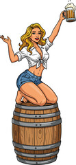 Attractive blonde pinup girl in a tied shirt and shorts kneeling on a barrel with beer.