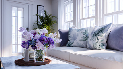 Elegant interior of a bright living room with a sofa, flowers, and window views. The room is filled with natural light, creating a serene ambiance