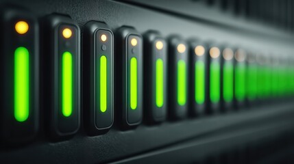 A row of glowing green power indicators on enterprise hardware showcasing modern technology.