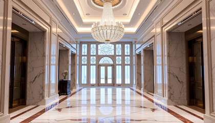 Luxury mansion hallway with tall ceilings and crystal chandelier, polished marble details, elegant architecture