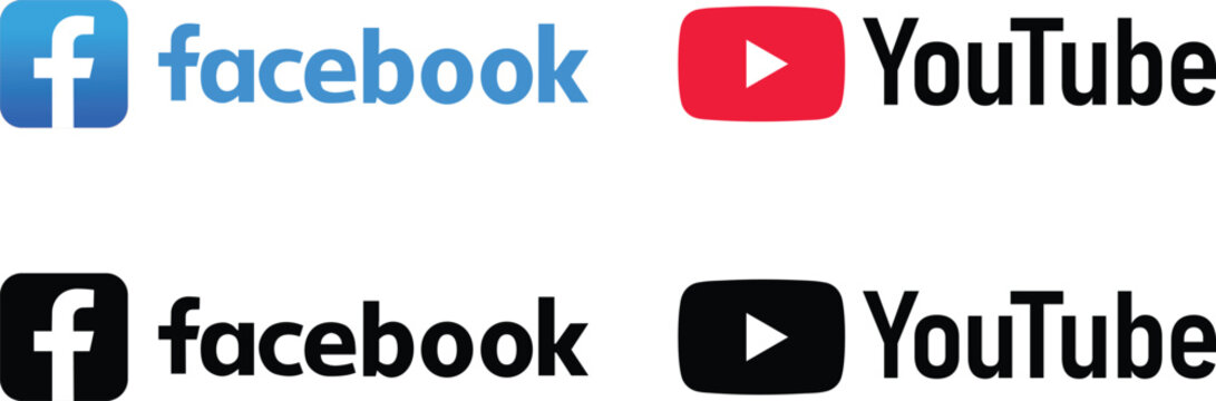 Facebook and YouTube logo icon and wordmark set vector illustration in original colors and black