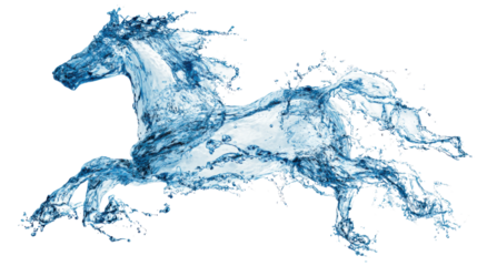 Water horse gallop creating large splashes, dynamic liquid form, power and movement concept, transparent background