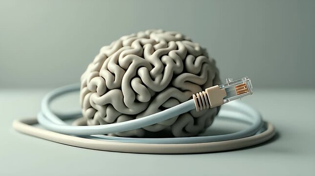 A tightly coiled ethernet cable shaped like a human brain, placed on a neutral surface, symbolizing limited mental bandwidth