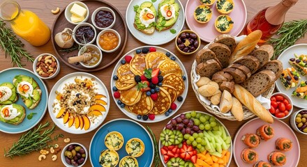 Assortment of vibrant and delicious brunch dishes elegantly laid out on a wooden table, featuring pancakes, fruits, pastries, and savory options