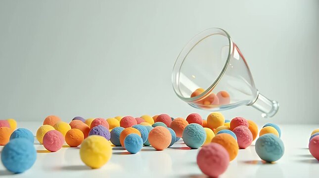 A narrow glass funnel blocking colorful idea spheres from passing through, symbolizing innovation bottlenecks