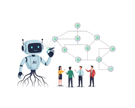 Diverse Coworkers Collaborating with AI Chatbot Robot, Business Team Communication Workflow, Connected Network Diagram, Digital Transformation, Automation Support Flat Vector Illustration