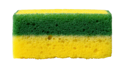 Kitchen sponge with yellow and green layers featuring a scouring abrasive side, essential for washing dishes and cleaning household surfaces