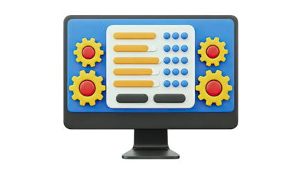 3D Computer Screen with Settings Interface and Gears