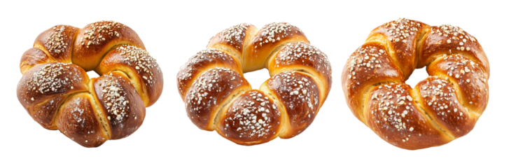 Flaky, golden-brown ring-shaped Bagel sprinkled with sesame and poppy seeds, isolated on white transparent background.