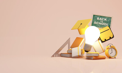 back to school concept with glowing light bulb, books, graduation cap and school supplies symbolizing knowledge, learning progress and educational inspiration, minimal yellow tone, 3d rendering.