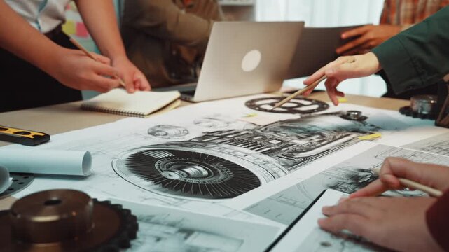 A group of engineers collaborates in a modern workspace, analyzing detailed blueprints of machinery. Tools and a laptop complement their brainstorming session to foster innovative ideas. SACTR