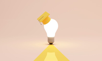 Minimal education concept with single glowing light bulb and graduation cap symbolizing knowledge, learning achievement and new ideas for academic success, soft pastel background, 3d rendering.
