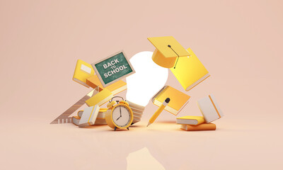 Floating education objects around a bright light bulb representing creative thinking, knowledge growth and modern learning ideas, back to school concept with minimal pastel background, 3d rendering.