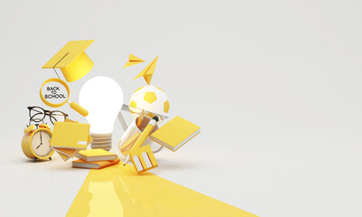 Creative education concept with glowing light bulb, books, alarm clock and school elements representing time investment, learning process and knowledge growth, minimal design, 3d rendering.
