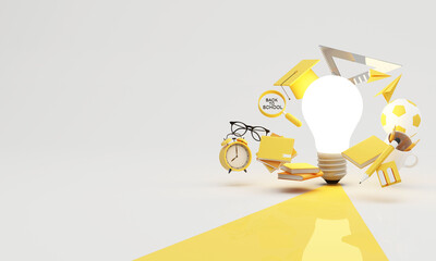 Back to school education illustration with light bulb, glasses, books and learning tools symbolizing curiosity, knowledge power and academic inspiration on clean background, 3d rendering.