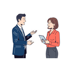 Fototapeta premium Business meeting illustration: man and woman talking, professional communication, digital tablet