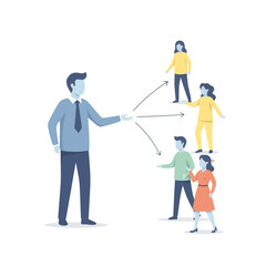 Fototapeta premium Businessman directing team members with arrows, concept of delegation and leadership