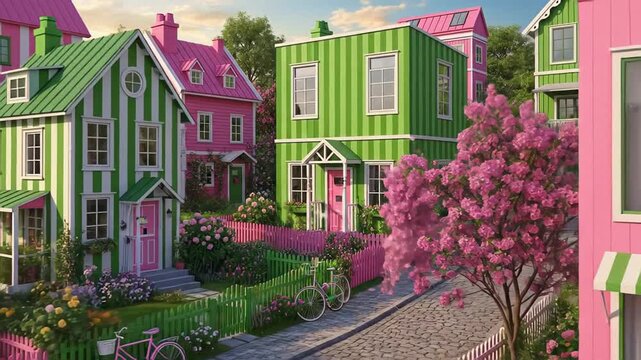 Colorful hillside village with vibrant pastel houses, blooming gardens, and a quaint sunlit street.