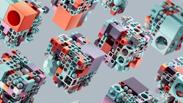 Floating Multicolor Cube Clusters on Grey