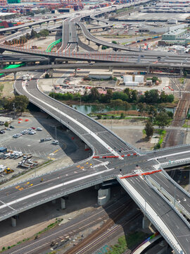 Unopened freeway intersection blocked with barricades