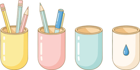 Colorful pencil and pen containers, organized stationery items, empty cups, minimal desk supplies, flat vector style, pastel background, education tools