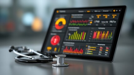 A stethoscope on a tablet showing server performance metrics in a medical context.