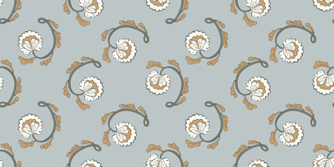 Vintage floral swirl neutral seamless wallpaper pattern. Folk flower ornamental print design . © Tri Trisuphat