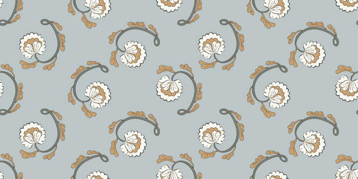 Vintage floral swirl neutral seamless wallpaper pattern. Folk flower ornamental print design .