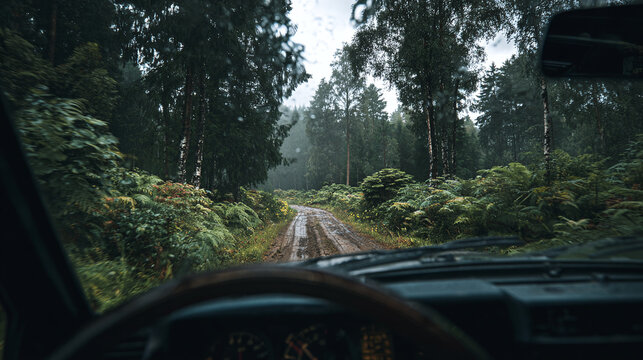 A rainy drive through a lush, verdant forest, offering a unique perspective from inside the car