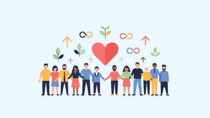 Diverse Group of People Holding Hands with Heart and Growth Icons Vector Illustration