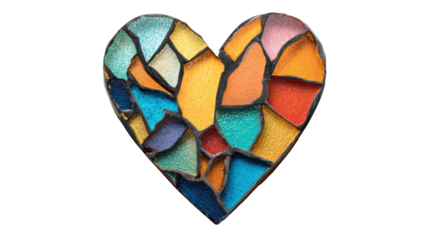 Heart shape art made with small, irregular, colorful pieces of fractured glass in a mosaic style, creating a vibrant symbol of love
