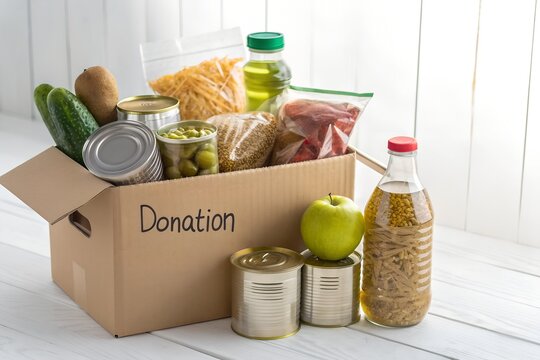 Cardboard donation box overflowing with various non-perishable groceries and fresh produce ready for charity collection highlighting community support and hunger relief efforts