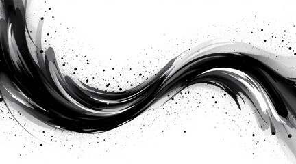 Fluid Black Ink Swirls with Splatter Texture on White Background in Monochrome Abstract