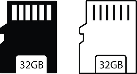 Memory card icon set in flat and outline styles. Vectors digital storage symbols collection for data save, technology backup, mobile device and multimedia designs isolated on transparent background.