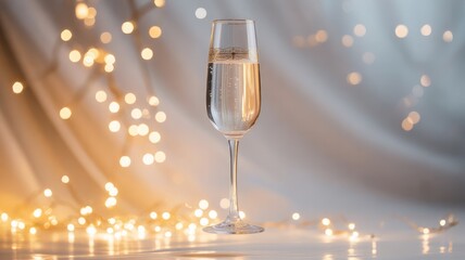 Flute of Sparkling Champagne in Warm Golden Bokeh Light Celebration glass drink bubbles