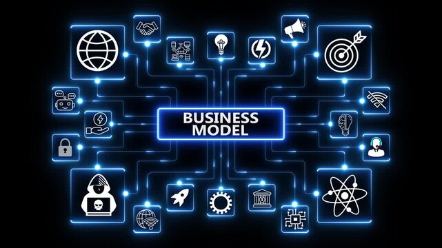 Business model network animation with connected technology icons, glowing data nodes and digital strategy framework workflow visualization on dark background